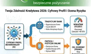 Schemat porównujący tradycyjny bank i fintech pod kątem oceny zdolności kredytowej i ryzyka.