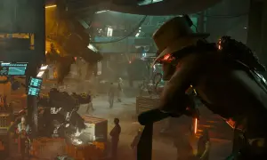 Cyberpunk widmo wolności zakończenia. Postać w kapeluszu obserwuje zniszczony warsztat, gdzie roboty i ludzie tworzą przyszłość.