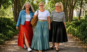 Drei Frauen spazieren im Freien. Sie tragen Kleider, die den **Bauch kaschieren**.