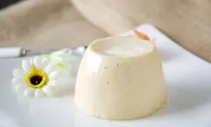 Budino fatto in casa, liscio e cremoso, servito su un piatto bianco con un fiore decorativo.