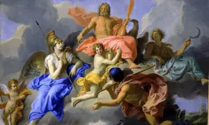 Gudinnan Athena, en krigisk gudom, sitter med spjut och sköld. Ovanför henne tronar Zeus, omgiven av andra gudar och putti.