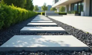 Nowoczesny chodnik z płyt i kamienia, otoczony zielenią, prowadzi do minimalistycznego budynku.