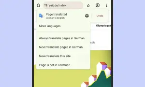 Menú de traducción de página de alemán a inglés. Opciones para gestionar sitios en inglés y otros idiomas.