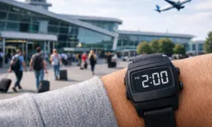 Zegarek pokazuje 2:00 PM. Pasażerowie z bagażami spieszą do terminalu. Ile wcześniej trzeba być na lotnisku po odprawie online?