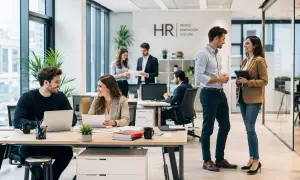 Persone in un ufficio moderno discutono, forse su come scrivere un annuncio di lavoro efficace. L'ambiente è luminoso e collaborativo.