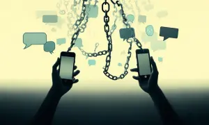 Dwie ręce trzymają telefony, połączone łańcuchami z dymkami czatu. Czy da się usunąć wszystkie wiadomości na Messengerze, gdy są one tak splecione?