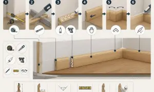 Étapes pour poser une plinthe sur un mur irrégulier : mesure, coupe, collage, ajustement, finition.