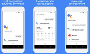 Trois écrans de téléphone affichant l'Assistant Google. L'un montre "Hey Google ne fonctionne pas" et appelle Sameer, un autre donne la météo, le dernier joue du jazz sur YouTube.