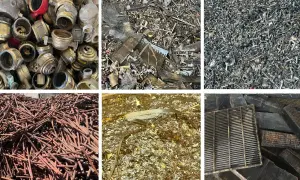 Złom mosiądzu w różnych formach: okucia, wióry, pręty i elementy grzejników. Różnorodne rodzaje mosiądzu do recyklingu.