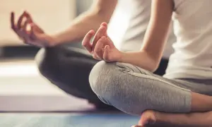 Zwei Personen in entspannter Haltung, Hände in Mudras. Eine friedliche Szene, die Entspannungstechniken bei Stress zeigt.