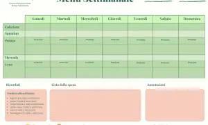 Menu settimanale con focus su proteine, ideale per una dieta chetogenica. Include promemoria su porzioni settimanali e lista della spesa.