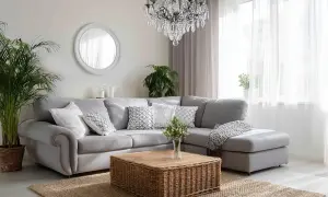 Przytulny salon w stylu boho glamour: szara kanapa, wiklinowy stolik, kryształowy żyrandol i dużo zieleni.