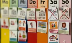 Wochenplan Essen Kind 1 Jahr: Bilder für Aktivitäten wie Schule, Oma und Opa, Lernen und Shoppen.