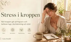 En kvinna med handen på tinningen och bröstet, som illustrerar stress och behovet av återhämtning enligt stress sårbarhetsmodellen.