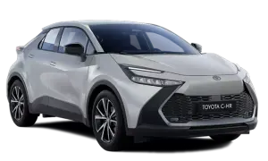 Nowy, srebrny suv Toyota C-HR z czarnymi akcentami i nowoczesnymi światłami.