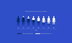 Wykres pokazuje normy testosteronu w zależności od wieku. Poziom testosteronu spada z wiekiem, od pełnego poziomu w wieku 20 lat do deficytu w wieku 90 lat.