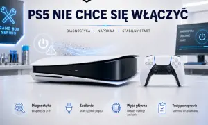 Konsola PS5 i kontroler na stole, z ikonami usług serwisowych poniżej.