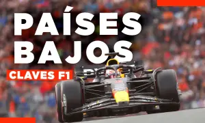 Coche de Fórmula 1 en carrera, con texto "PAÍSES BAJOS" y "CLAVES F1". El resultado F1 hoy podría ser una victoria holandesa.