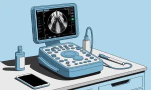 Appareil d'échographie prêt pour un bladder scan. Gel, sonde et smartphone à proximité.