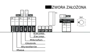 Schemat podłączenia domofonu 6 żyłowego: zworki, złącza J2, J1, J3, SP+SP-M-M+, zaczepek, mikrofon, głośnik, wywołanie, masa.