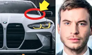 En man tittar intensivt bredvid en BMW M3, en bil med en distinkt årsmodell.