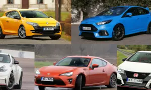 Kolaż pięciu sportowych aut: żółty Renault Megane RS, niebieski Ford Focus RS, biały Nissan 370Z Nismo, pomarańczowy Toyota GT86 i biały Honda Civic Type R.
