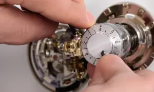 Dłoń obraca pokrętło z cyframi, regulując precyzyjny mechanizm. To jak ustawianie kryzy w zegarku.