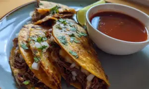 Tre saftiga birria tacos med strimlat kött, lök och koriander, serverade med en skål consommé och en limeklyfta.
