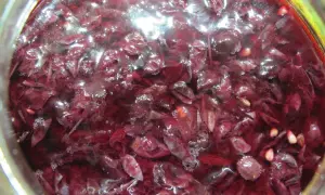 Ciemnoczerwone płatki i nasiona unoszą się w płynie, tworząc domowy ocet winny czerwony.