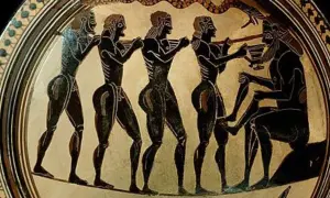 Un monstre s'attaque à Ulysse et ses compagnons. Ils portent un objet, peut-être un trésor, vers un homme assis.