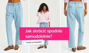 Jak skrócić spodnie materiałowe bez maszyny? Modelka prezentuje jasne jeansy z różowymi wstawkami i panterkowe baleriny.