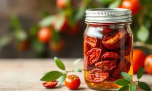 Glas mit eingelegten, sonnengetrockneten Tomaten. Frische Tomaten und grüne Blätter liegen daneben. Perfekt für die Tomaten trocknen.