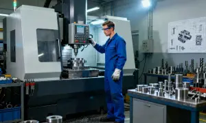 Operator w niebieskim kombinezonie obsługuje maszynę CNC, precyzyjnie tworząc detale. g01.