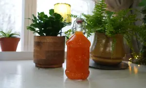 En flaska med hemgjord sweet chili sås står på en vit yta, omgiven av gröna växter och en gul lampa.