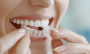 Kobieta zakłada przezroczyste nakładki na zęby, przygotowując się do pięknego dr smile.