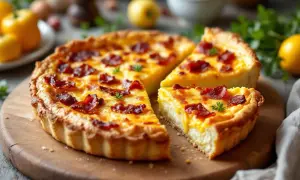 Une quiche lorraine épaisse et moelleuse, garnie de lardons croustillants, sur une planche en bois.