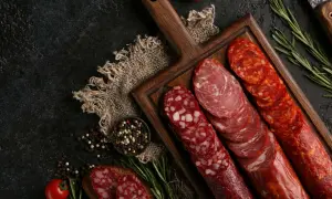 Verschiedene magere wurstsorten, darunter Chorizo und Salami, werden auf einem Holzbrett mit Rosmarin und Pfefferkörnern serviert.