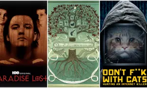 Tre affischer för true crime serier: "Paradise Lost", en illustrerad familjehistoria och "Don't F**k With Cats".