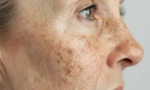 Gros plan sur le visage d'une femme, montrant des taches brunes et des rides. Un exemple de peau avant traitement UV.