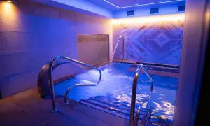 Relájate en este circuito spa con cascadas de agua y luces azules.