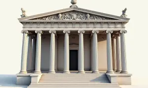 Monumentalna budowla w stylu klasycyzm architektura, z rzędem kolumn jońskich, schodami i ozdobnym fryzem.