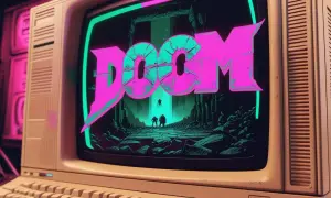 Stary komputer wyświetla logo gry "DOOM" w neonowych barwach. To klasyka **gier retro**, która wciąż fascynuje.