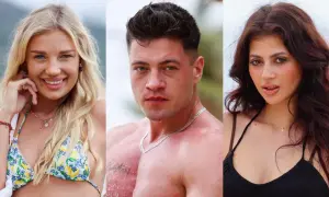 Trzy twarze uczestników Hotel Paradise 8: uśmiechnięta blondynka, muskularny mężczyzna i brunetka zmysłowo patrząca w obiektyw.