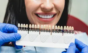 Uśmiechnięta kobieta z idealnymi zębami, dentysta dobiera odcień licówek. Dowiedz się, ile kosztują licówki na wszystkie zęby.