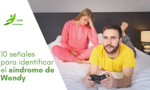 Pareja en cama: ella frustrada, él jugando. Texto: "10 señales para identificar el síndrome de Wendy".