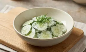 Frischer Gurkensalat mit Dill und einer cremigen Sauce, ein einfaches Gurkensalat Rezept für den Sommer.