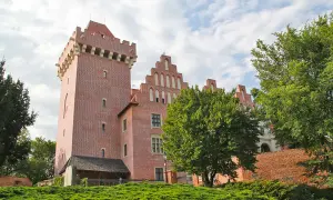 Ceglany zamek z wieżą, otoczony zielenią, góruje nad wzgórzem. Widać fragmenty murów i drzewa.