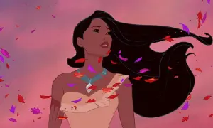 Pocahontas z rozwianymi włosami i spadającymi liśćmi na tle różowego nieba.