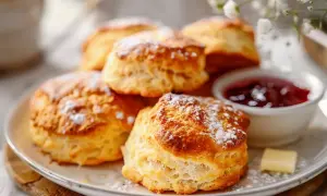 Nybakade scones utan mjölk, pudrade med florsocker, serveras med sylt och smör. En perfekt fika!