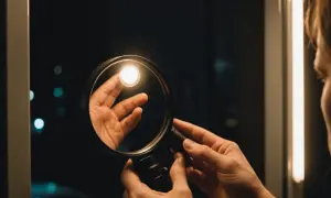 Dłoń z lupą bada odbicie światła w ciemnym pomieszczeniu.